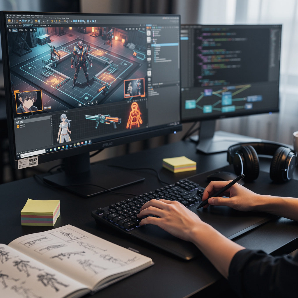 Karabichu development team collaborating on next-gen anime tactical shooter game design